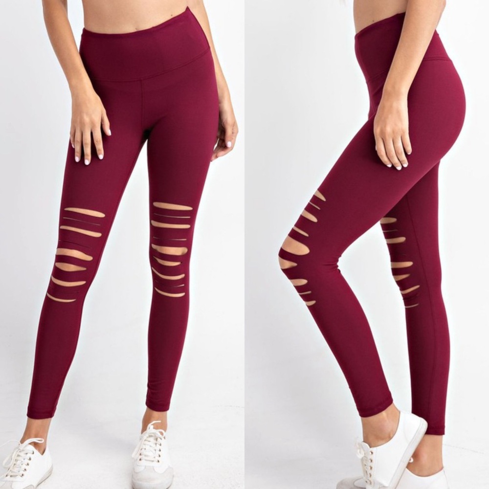 Burgundy Ripped Knee Yoga Leggings 3X
